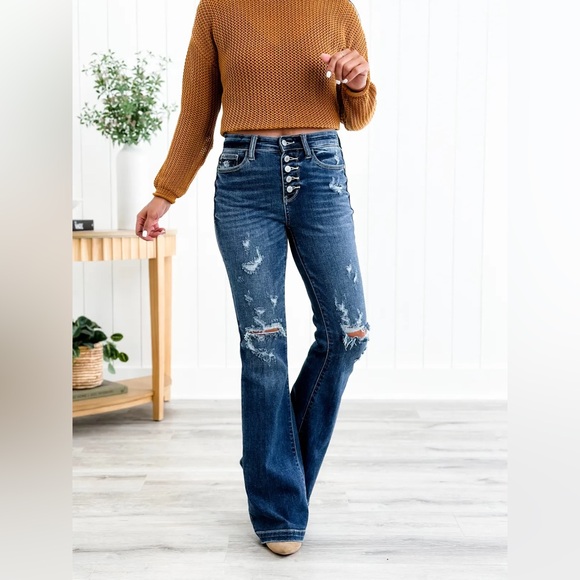 Judy Blue Denim - Judy Blue Distressed Trouser Flare Jeans Size 32